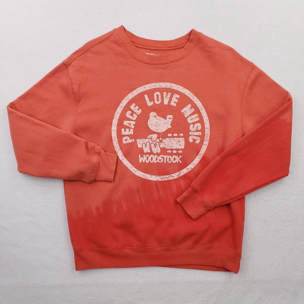 Peanuts Sweatshirt Womens M Orange Woodstock Snoopy PEACE LOVE MUSIC Pullover